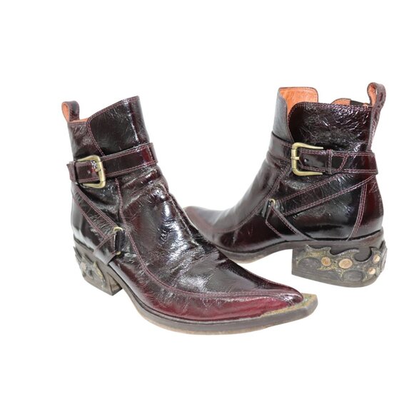 DONALD J. PLINER Italian Boots Western Black Cherry Patent Leather Ankle Boots 6 - Picture 6 of 11
